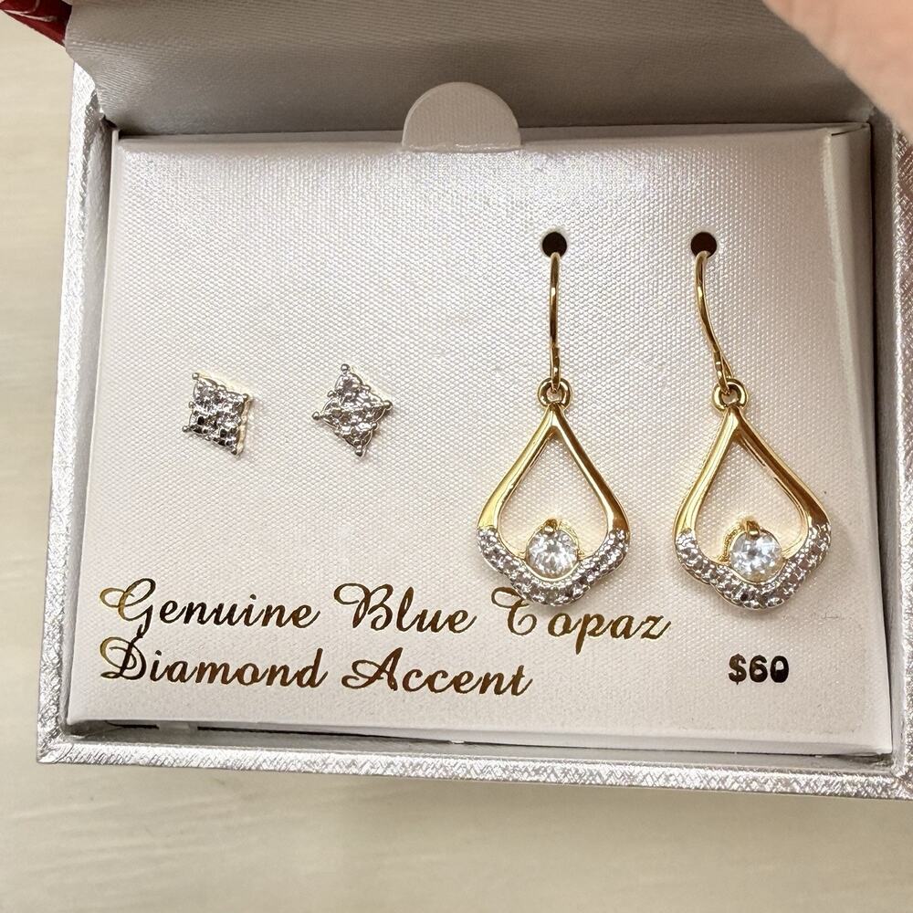 Two Pair PAJ BB China Blue Topaz and Diamond Accent Teardrop Dangle Earrings - Picture 1 of 8